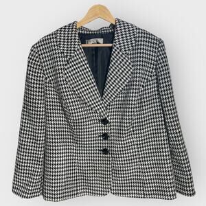Kasper Black White Houndstooth Blazer 14W Plus Three Button Jacket